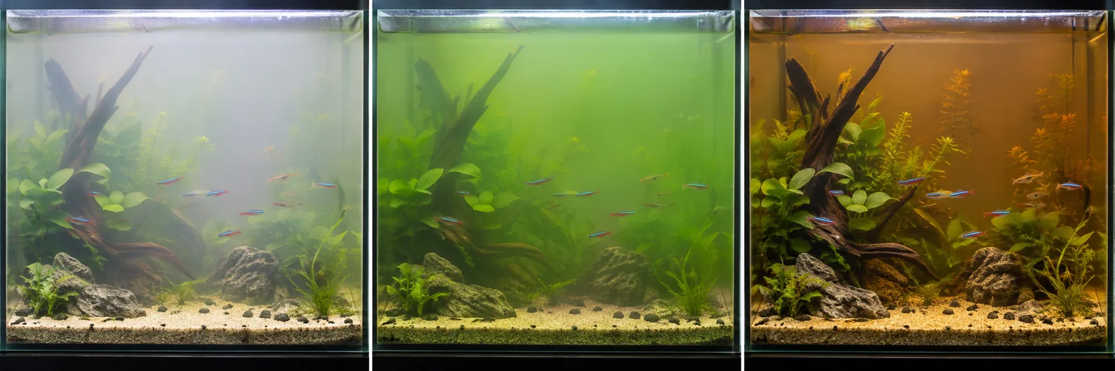 Agua turbia en el acuario: comparación de agua blanca, verde y marrón